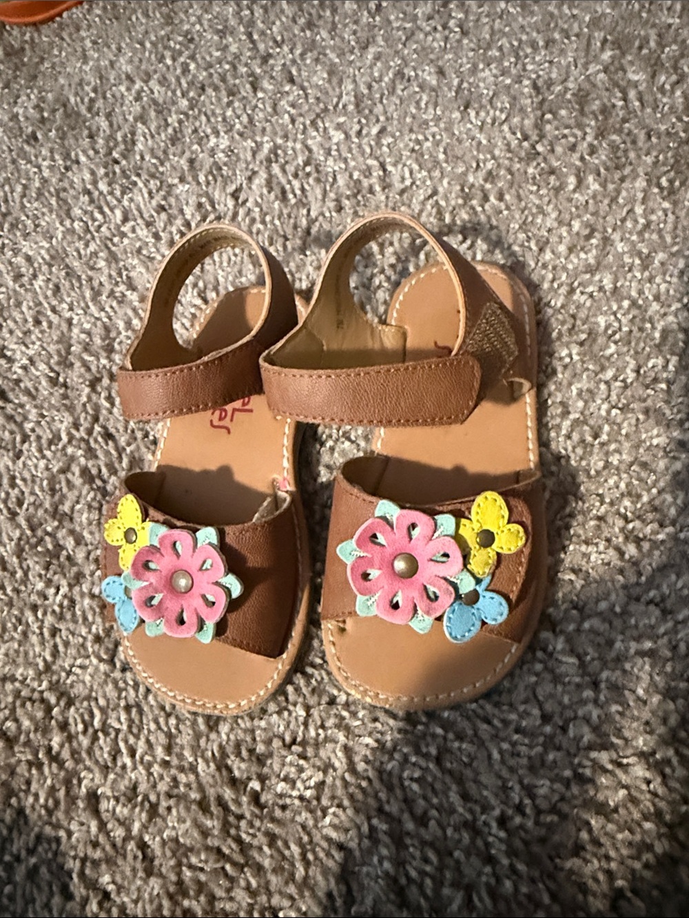 Rachel Shoes Brown Sandals with Pink, Yellow & Blue Flower Accents